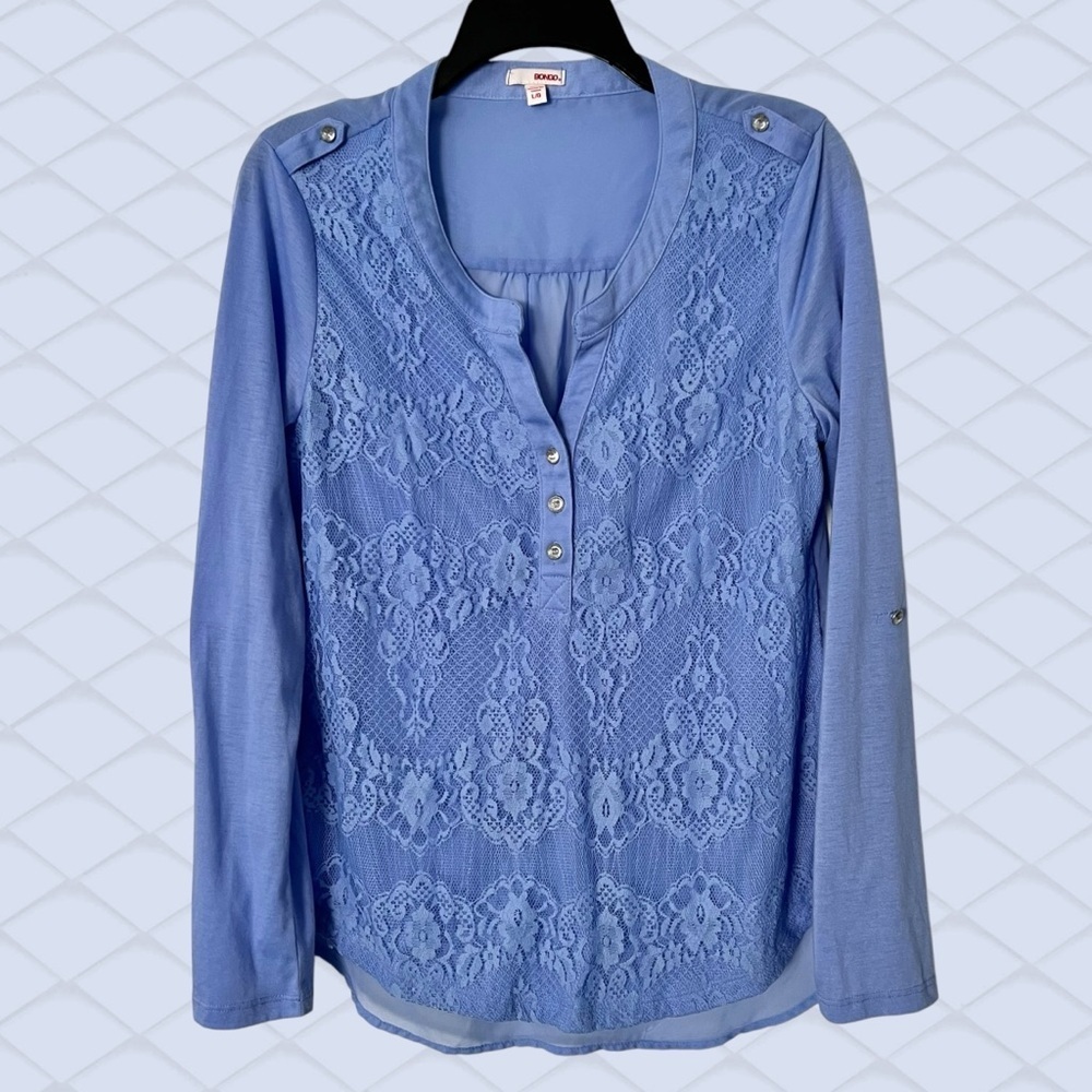 Blue Lace Front Top Size Large Sheer Chiffon Back Button Tab Sleeve Cornflower